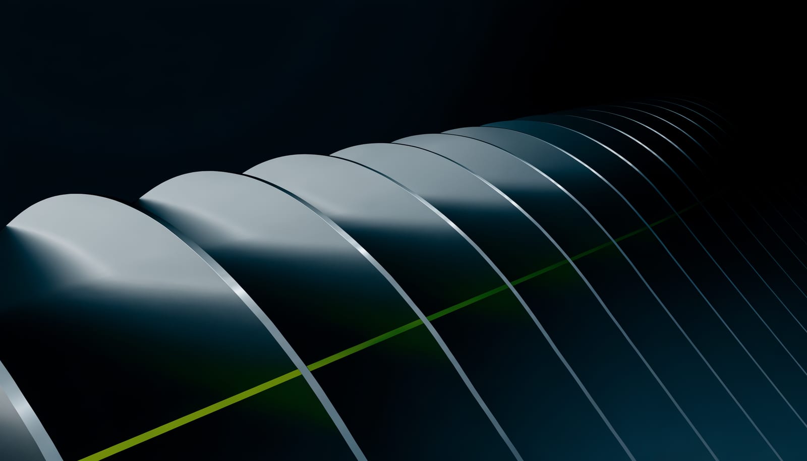 Illustration of consecutive steel arches forming a continuous column-free clear span